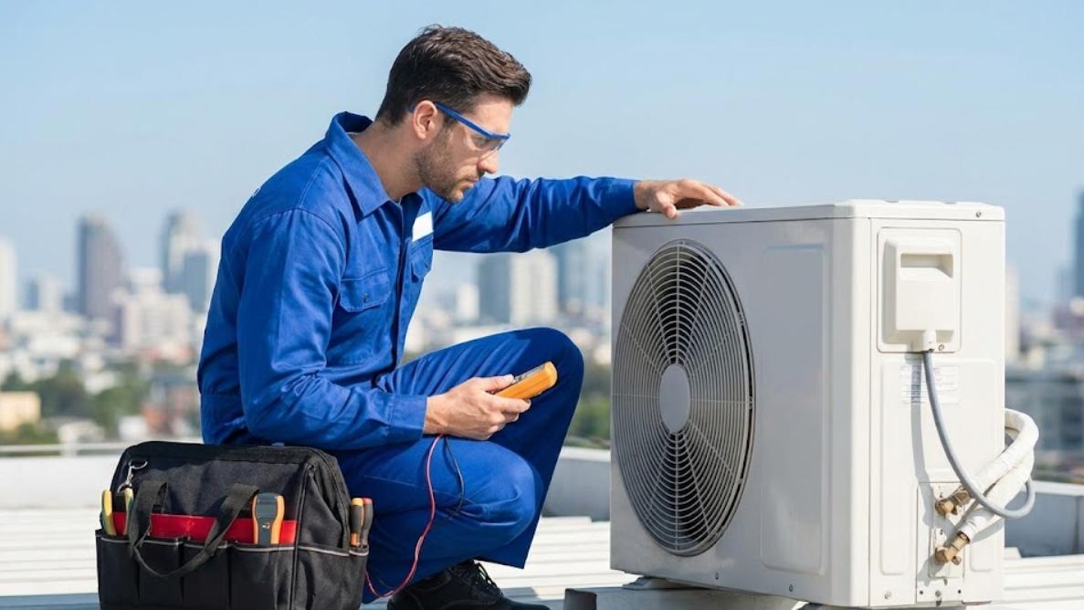 Técnico reparando aire acondicionado